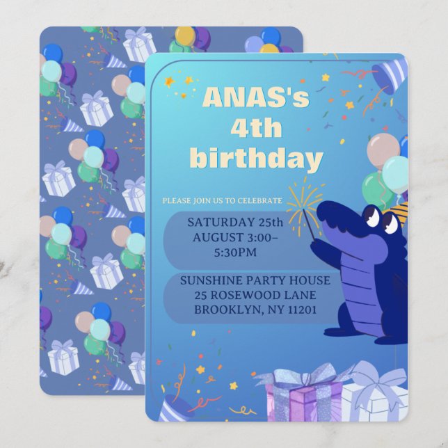 Personalised Blue Dinosaur 4th Birthday Invitation (Front/Back)
