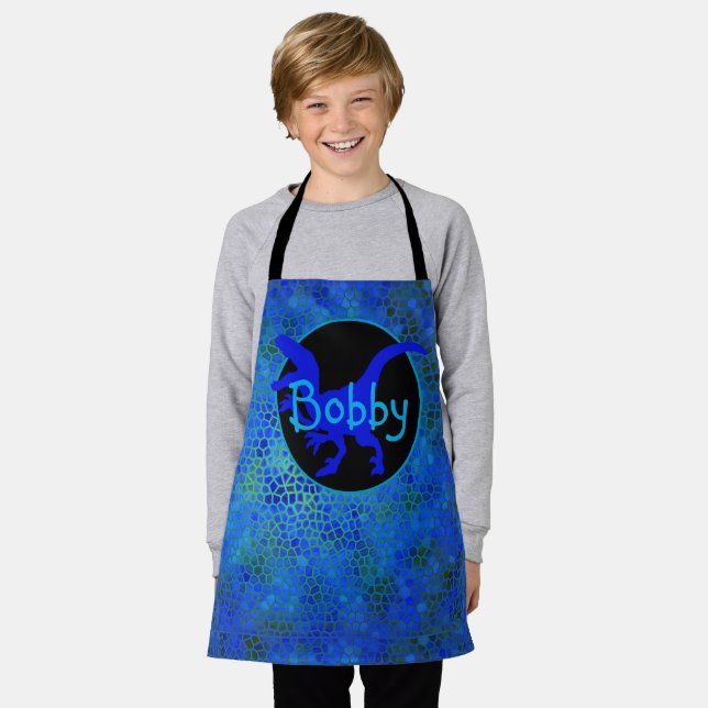 Personalised Blue Dinosaur Hide Kids Print Apron (Worn)