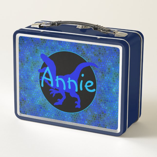 Personalised Blue Dinosaur Hide  Metal Lunch Box (Back)