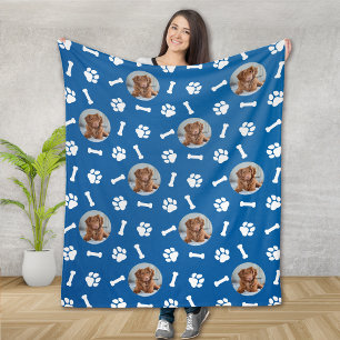 Personalised Blue Dog Photo Paw Print Pattern Fleece Blanket