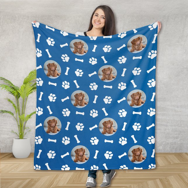 Personalised Blue Dog Photo Paw Print Pattern Fleece Blanket (Creator Uploaded)