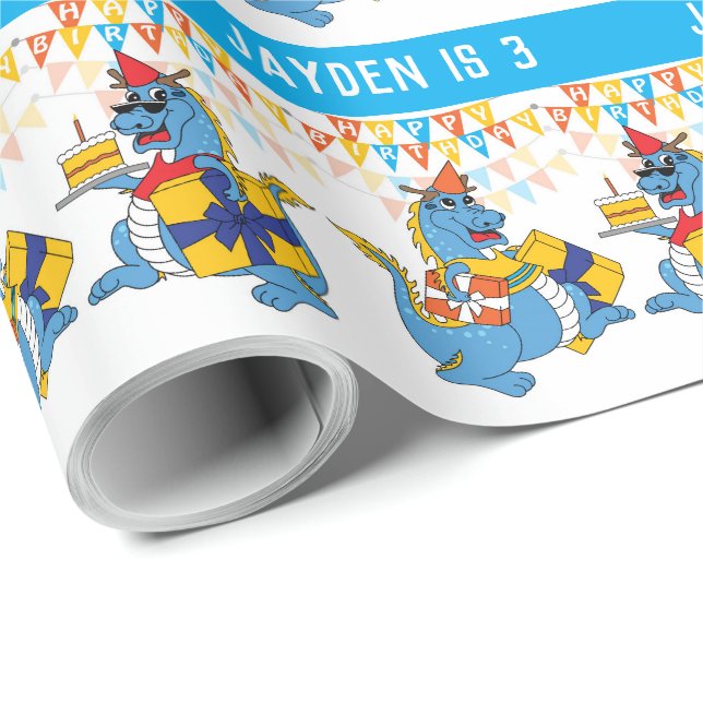 Personalised Blue Dragon Birthday Wrapping Paper (Roll Corner)