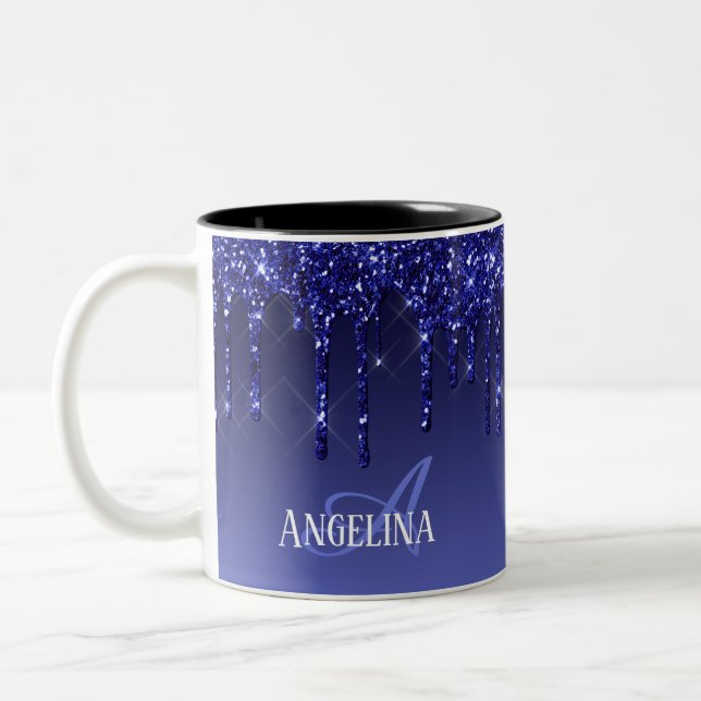 Personalised Blue Dripping Glitter  Two-Tone Coffee Mug (Left)