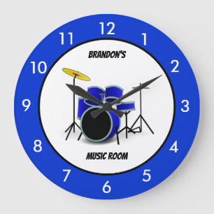 Personalised Blue Drum Set Music Large Clock