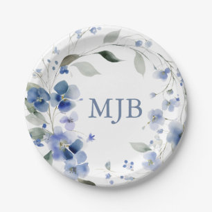 Personalised Blue Elegant Floral Monogram Paper Plate