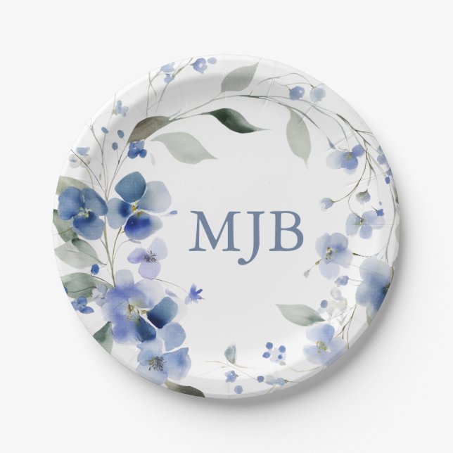 Personalised Blue Elegant Floral Monogram Paper Plate (Front)