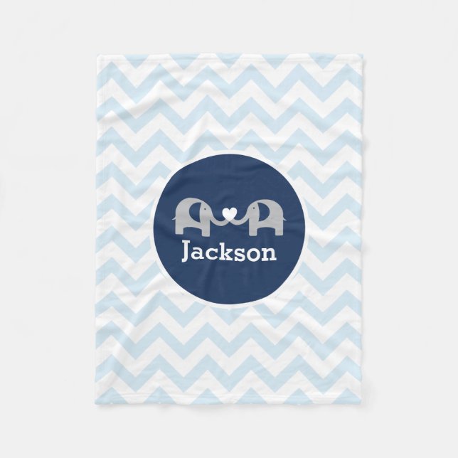 Personalised Blue Elephant  Chevron Baby Blanket (Front)