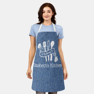 Personalised Blue Faux Denim Baking Utensils Apron