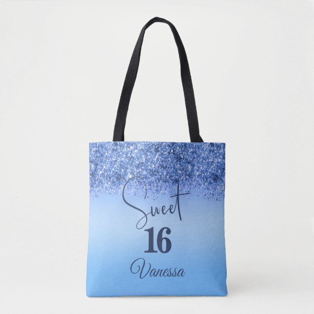 Personalised Blue Faux Glitter Sweet 16 Tote Bag  (Front)