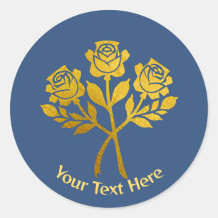 Personalised Blue Faux Gold Floral Garden Roses Classic Round Sticker