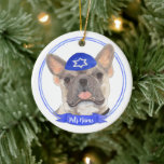 Personalised Blue Fawn Tricolor Frenchie Hanukkah Ceramic Tree Decoration<br><div class="desc">Celebrate your favourite mensch on a bench with a personalised ornament! This design features a sweet illustration of a blue fawn tricolor frenchie or french bulldog with a blue and white yarmulke. For the most thoughtful gifts, pair it with another item from my collection! To see more work and learn...</div>