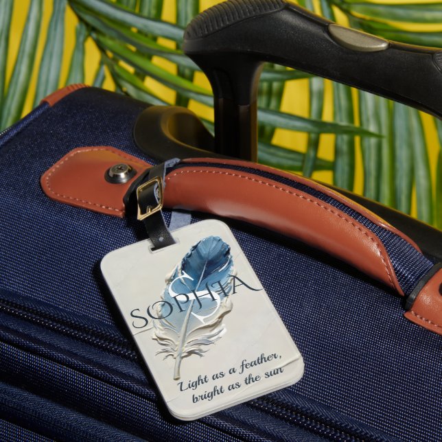 Personalised Blue Feather Custom Name Monogram  Luggage Tag (Front Insitu 1)