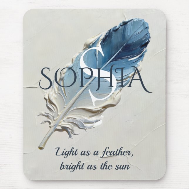 Personalised Blue Feather Custom Name Monogram  Mouse Mat (Front)