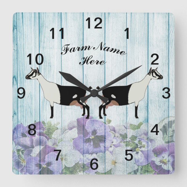 Personalised Blue Floral Alpine Dairy Goat Farm Square Wall Clock (Front)