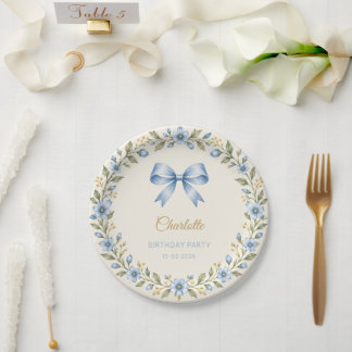 Personalised Blue Floral Bow Birthday Paper Plates