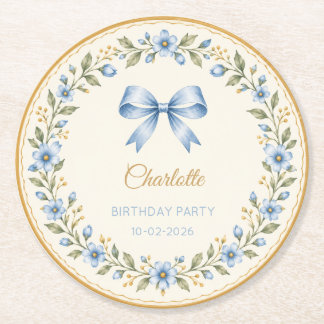 Personalised Blue Floral Bow Birthday Round Paper Coaster