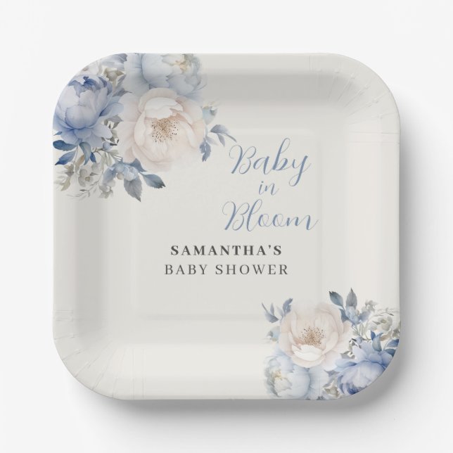 Personalised Blue Floral Boy Baby In Bloom Shower  Paper Plate (Front)