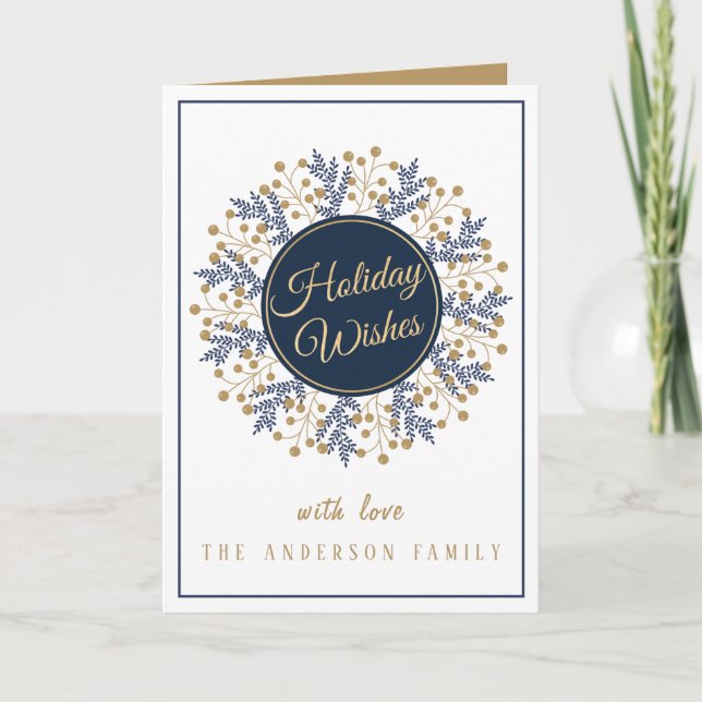 Personalised Blue Floral Christmas Holiday Wishes Card (Front)