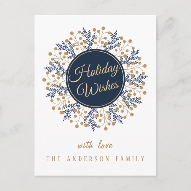 Personalised Blue Floral Christmas Holiday Wishes Postcard (Front)