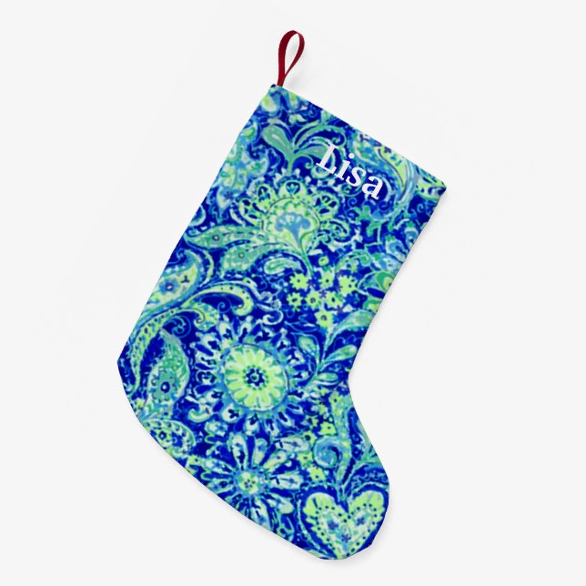 Personalised Blue Floral Christmas Stocking (Front (Hanging))