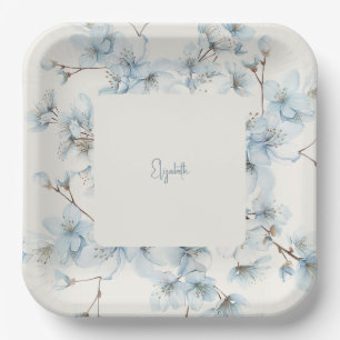 Personalised Blue Floral Cream Baby Shower  Paper Plate