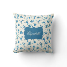 Personalised Blue Floral Elegant Throw Pillow