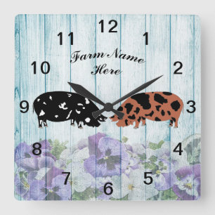 Personalised Blue Floral KuneKune Pig Farm Square Wall Clock