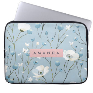 Personalised Blue Floral Meadow Design Laptop Sleeve