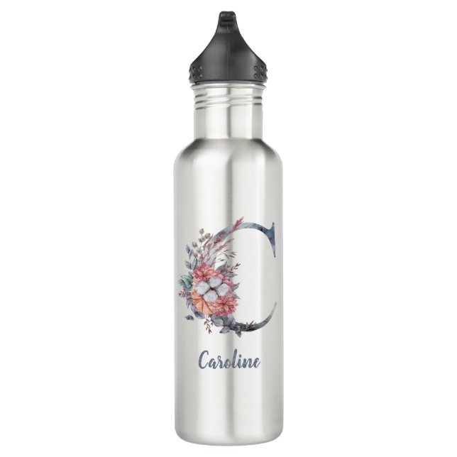 Personalised Blue Floral Monogram C  710 Ml Water Bottle (Right)