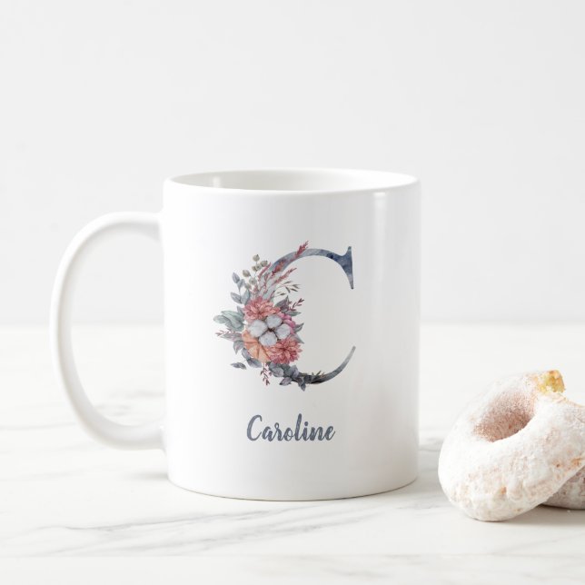 Personalised Blue Floral Monogram C Coffee Mug (With Donut)
