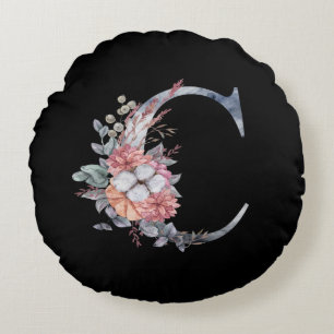 Personalised Blue Floral Monogram C Round Cushion