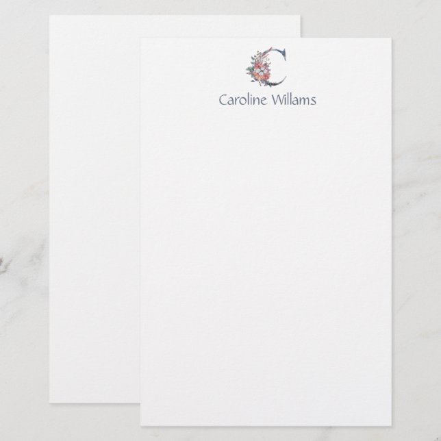 Personalised Blue Floral Monogram C  Stationery (Front/Back)