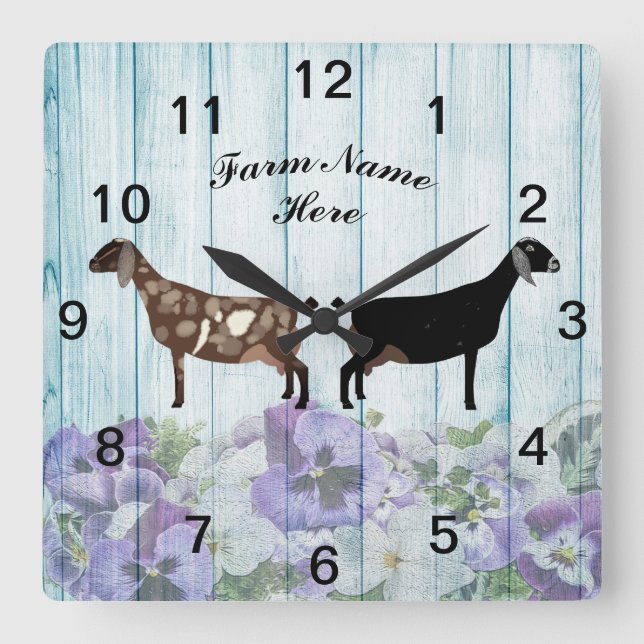 Personalised Blue Floral Nubian Dairy Goat Farm Square Wall Clock (Front)