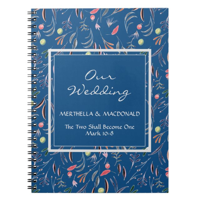 Personalised Blue Floral OUR WEDDING Notebook (Front)