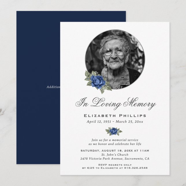 Personalised Blue Floral Photo Memorial Service Invitation (Front/Back)