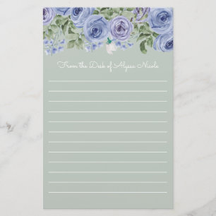 Personalised Blue Floral Sage Green White Lined Stationery