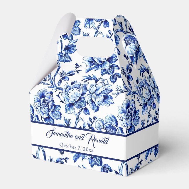 Personalised Blue Floral Toile Wedding  Favour Box (Front Side)