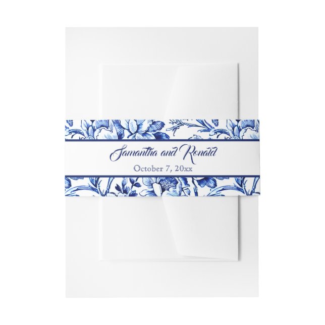 Personalised Blue Floral Toile Wedding Invitation Invitation Belly Band (Front Example)
