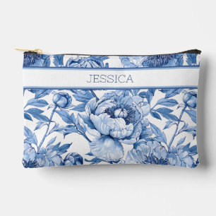 Personalised Blue Floral Travel Flower Makeup Accessory Pouch