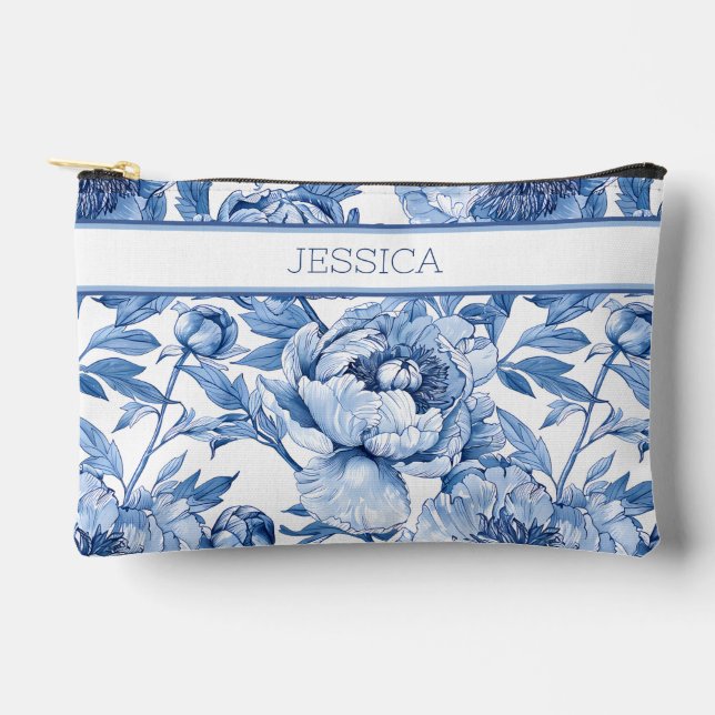 Personalised Blue Floral Travel Flower Makeup Accessory Pouch (Front)