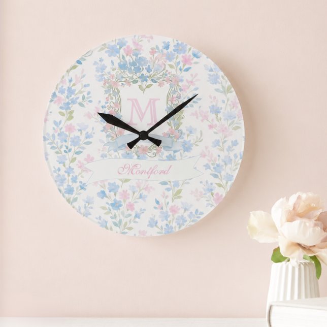 Personalised Blue Floral Wall Clock (elegant pretty grandmillennial blue floral clock with custom initial and name in calligraphy script)