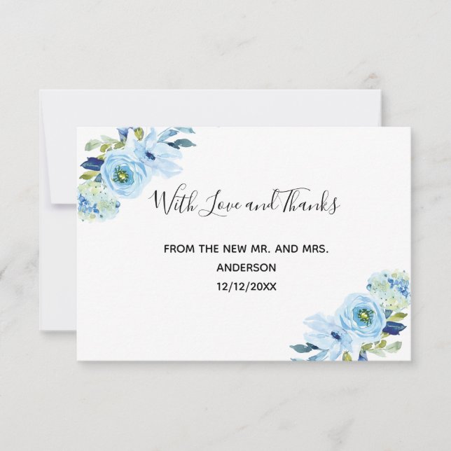 Personalised Blue Floral Wedding Thank you cards (Front)