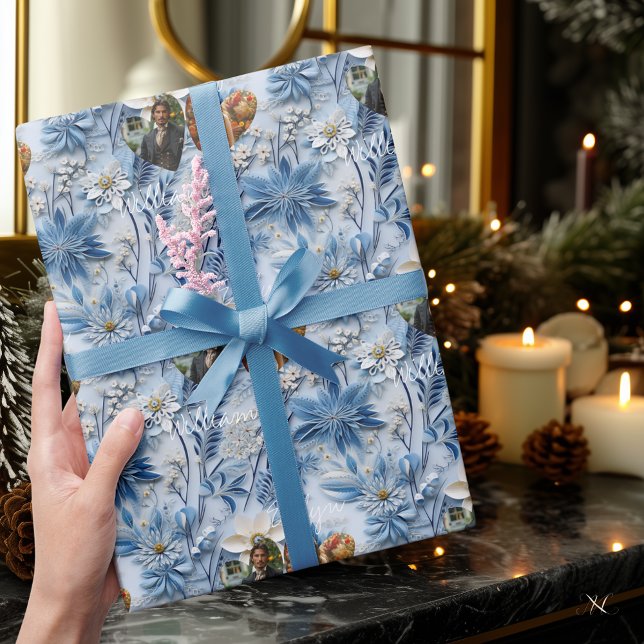 Personalised Blue Floral with Photos and Names Wrapping Paper (Creator Uploaded)