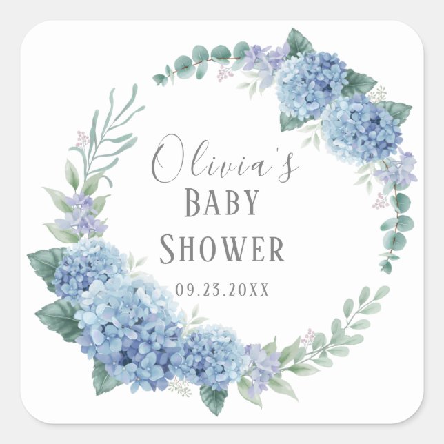 Personalised Blue Floral Wreath Baby Shower Square Sticker (Front)