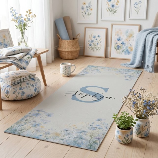 Personalised Blue Flower Monogram Yoga Mat (Creator Uploaded)