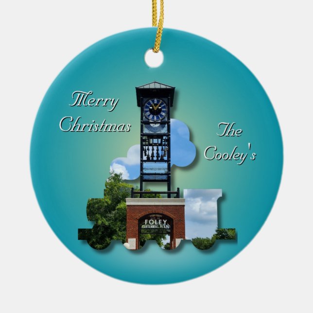Personalised (Blue) Foley Clock Tower & Train  Ceramic Tree Decoration (Front)