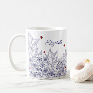 Personalised Blue Folk Art Botanical Mug