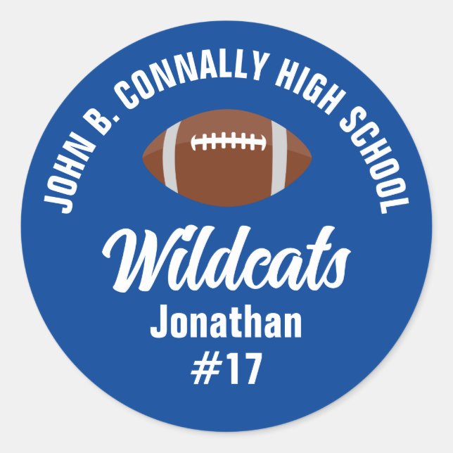 Personalised Blue Football Player High School Classic Round Sticker (Front)