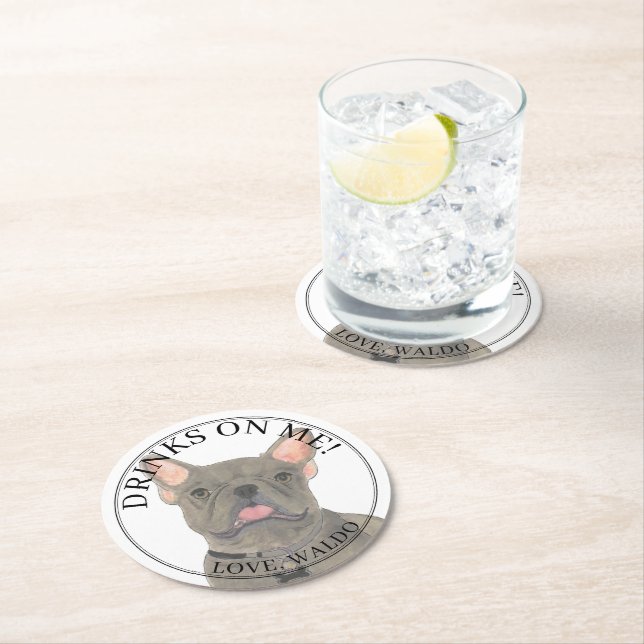 Personalised Blue Frenchie French Bulldog Wedding Round Paper Coaster (Insitu)