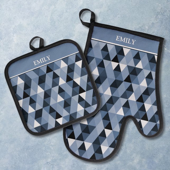 Personalised Blue Geometric Pattern Oven Mitt & Pot Holder Set (Creator Uploaded)